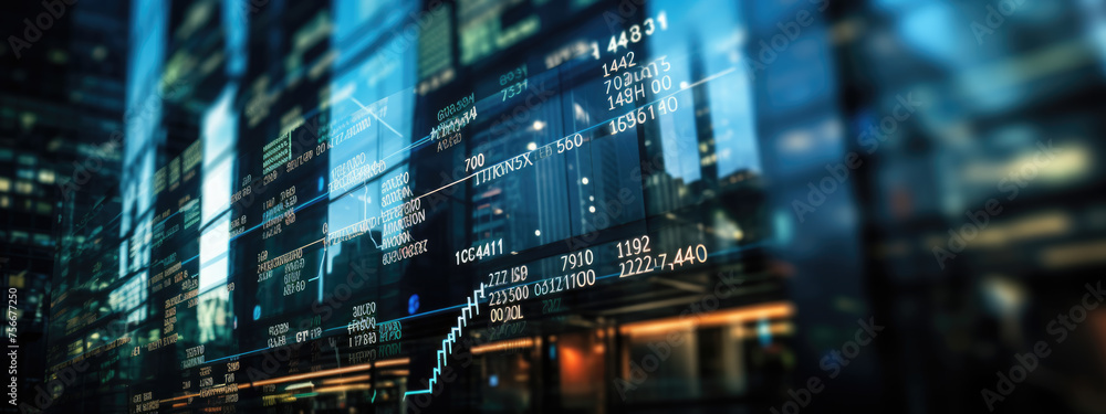 Poster close-up of a digital screen displaying financial stock market data with graphs and analytics, illus