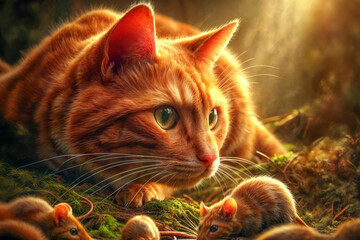 A red cat hunts mice in the woods
