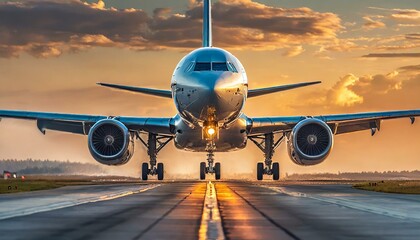 A large jetliner taking off from an airport runway at sunset or dawn with the landing gear down and the landing gear down, as the plane is about to take off. - obrazy, fototapety, plakaty
