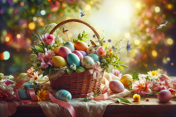 A basket filled with colorful Easter eggs is adorned with flowers and ribbons. The eggs are placed on a wooden table and surrounded by more flowers. 