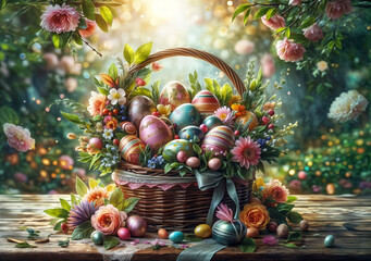 A basket filled with colorful Easter eggs is adorned with flowers and ribbons. The eggs are placed on a wooden table and surrounded by more flowers. The scene is set in a garden with blooming 