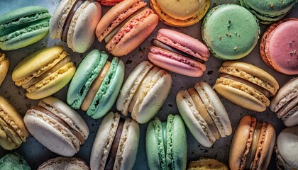 Full frame image of many colorful French macaroons from directly above
