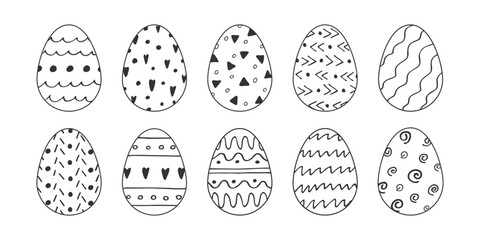 Set of hand Drawn Doodle Easter Eggs. Outline egg collection. Black and white simple illustration. Scribble drawing easter traditional Symbol. Element for Print, banner, poster, card, pattern design