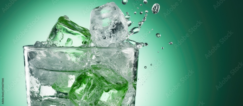 Poster ice cubes are dropping into a glass of water, creating a mesmerizing display of fluid dynamics. the 