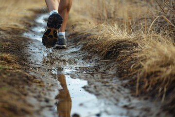 Run through mud and puddles. cross-country running. feet in sneakers close-up. sport