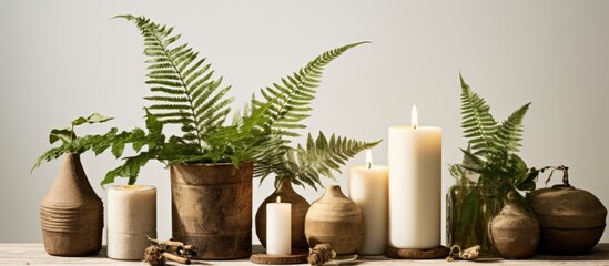 Wooden decor, fern, and candles arranged on a white table. Decor