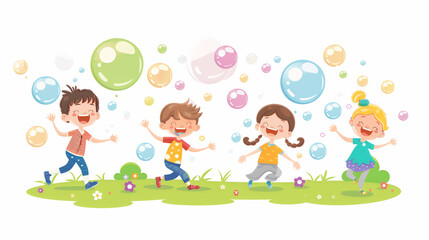 Obraz na płótnie Canvas Illustration of a group of children cheering and jumping on a summer day, with soap bubbles flying around.