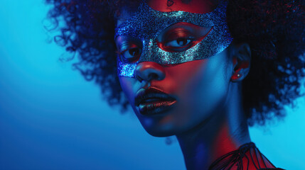 A portrait of an African American woman with curly hair, wearing glittery eye makeup and a masquerade mask over her eyes. mysterious masquerade party