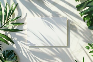 A charming mockup scene unfolds, featuring a blank greeting card placed elegantly on a white table against a backdrop of green leaves