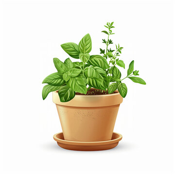 Clipart image of a plant pot with different green herb plants growing in it. White background.