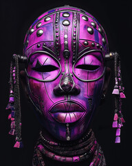  African tribal mask made of purple and pink metal, with jewelry on the face on isolated black background. Voodoo traditional culture