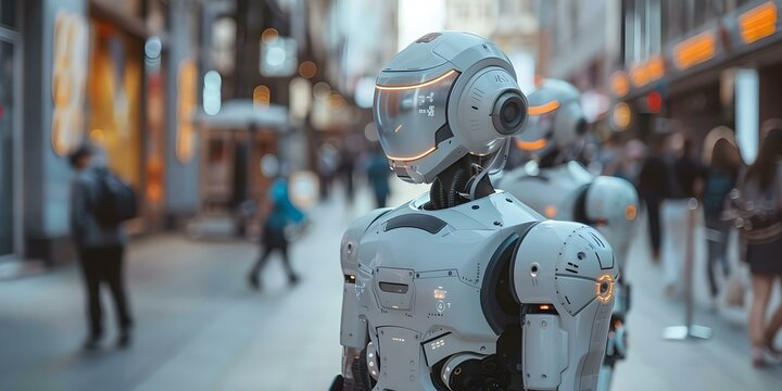 Robotic officers in futuristic sciencefiction setting patrolling city streets vigilantly . Concept Science Fiction, Futuristic Technology, City Surveillance, Robotic Law Enforcement