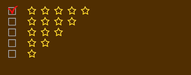 Gold, gray five stars shape on a brown background. Rating stars with tick. Feedback evaluation. Rank quality. Banner.