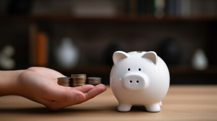 Obraz premium Woman's hand with Piggy bank