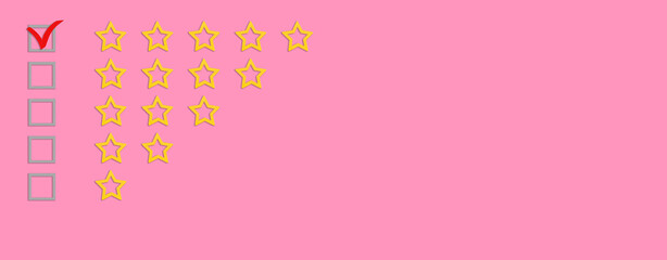 Gold, gray five stars shape on a pink background. Rating stars with tick. Feedback evaluation. Rank...