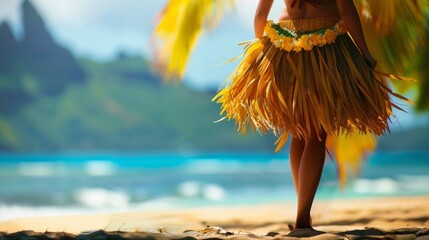 A woman gracefully moves in a hula skirt on a sandy beach with waves crashing in the background - obrazy, fototapety, plakaty
