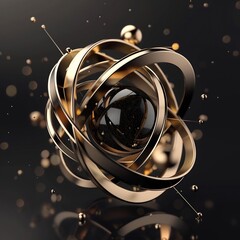 A black background with golden abstract shapes in a geometric design, rendered in the style of cinema4d