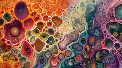 A mesmerizing, colorful abstract of swirling patterns, resembling cellular or microscopic imagery, in a vibrant array of hues.