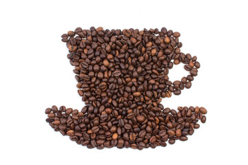 A pile of coffee beans in the shape of a coffee cup, on a white background. Top view.