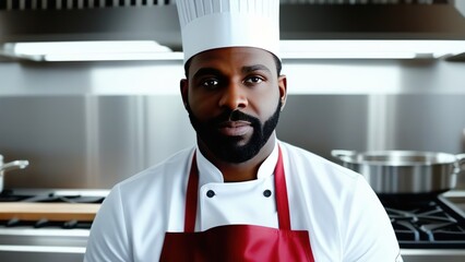 portrait of a male chef in uniform in the kitchen of a restaurant, chef close-up