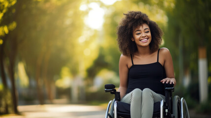 Fototapeta na wymiar Smiling young woman is sitting in a wheelchair in a park with autumn leaves in the background
