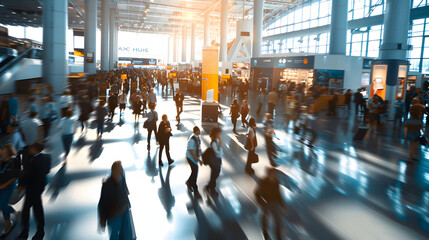 Overheard shot of a tradeshow, realistic with people walking around the tradeshow floor