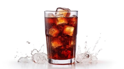 Cola in glass with clear ice cubes cool soda background in summer