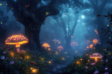 Obraz premium An enchanted forest with magical creatures, glowing plants, ancient trees, a hidden fairy village, mystical ambiance. Resplendent.