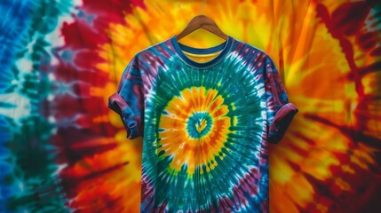 A tie-dyed t-shirt hangs gracefully on a hanger, showcasing its colorful and mesmerizing design