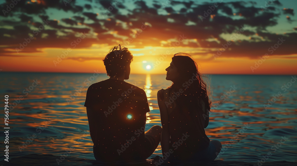 Wall mural couple sitting on the beach at sunset