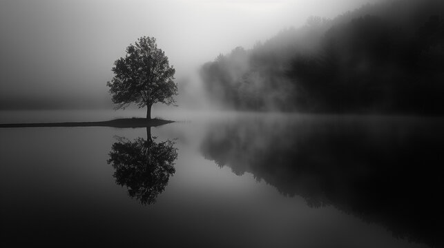 a lone tree in the fog on a lake