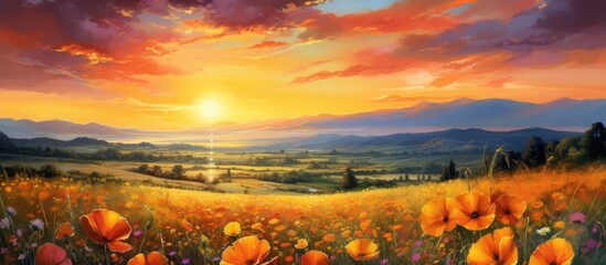 A stunning natural landscape with a field of flowers under a colorful sunset sky. The afterglow...