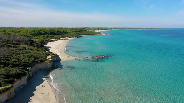 Aerial view of Baia dei Turchi, Puglia region, Italy. Turkish Bay (or Baia dei Turchi), this coast of Apulia is one of the most important ecosystems in Salento, Italy. Seacoast of Baia dei Turchi.