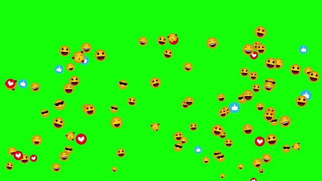 Various positive emojis, emoticon signs flying up over green background, chroma key. Reactions in social media application, social network concept.