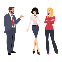 Cute cheerful male and female employees or colleagues talking or speaking. Colorful vector illustration in flat style isolated on white background - 756680441