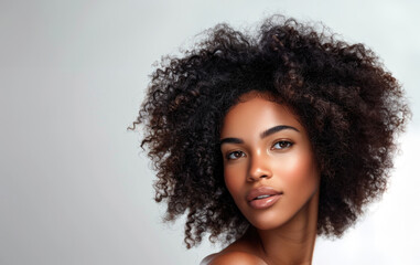 African American Woman with Beautiful and Healthy Afro Hair, White Background, Hair Product Advertising