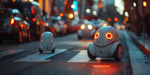 Robots equipped with advanced technology enhance safety and security on city streets. Concept Robot Technology, Safety, City Streets, Security, Advanced Technology