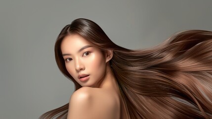 Asian Woman with Shiny and Healthy Hair Flying, Studio Photo, Hair Product Advertising