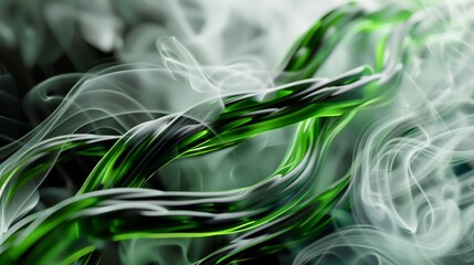 3D render of green and black futuristic cables in the shape of fern fronds, close up, swirling smoke background, black, grey, and white gradient background