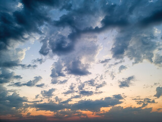 Fototapeta premium Fluffy colorful cloud on blue sky background texture. Empty, copy space, card template, wallpaper.