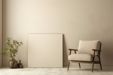 Comfortable beige chair beside a blank frame on a soft wall.