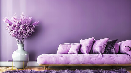 Modern Living Room with Violet Accents: Stylish Sofa and Decorative Pillows in a Bright, Contemporary Interior