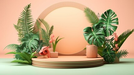 Obraz premium podium on tropical pink background for product presentation