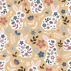 Happy Easter seamless pattern with silhouettes of bunnies and wildflowers. Hand-drawn vector texture