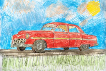 Childs drawing of a red car on a sunny day with blue skies and yellow trees