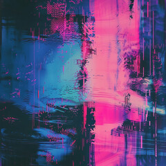 A colorful abstract painting with a blue and pink background