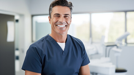 Obraz premium Cheerful dentist man wearing a lab coat standing in a dental clinic with a dental chair and equipment in the background.