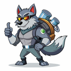 artoonish Gray color wolf, heroic-looking with muscles with backpack blower on his back giving thumbs up gesture, holding lawn equipment on other hand, wearing sunglass,  full body