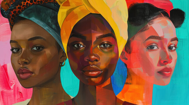 Three women with different colored hair and different colored head scarves