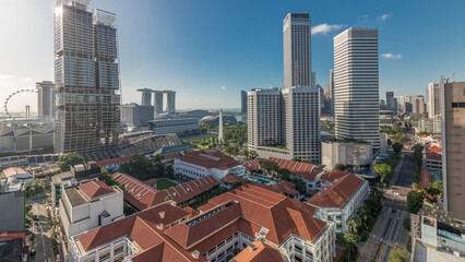 A beautiful morning panorama with Marina Bay area and skyscrapers city skyline aerial timelapse.